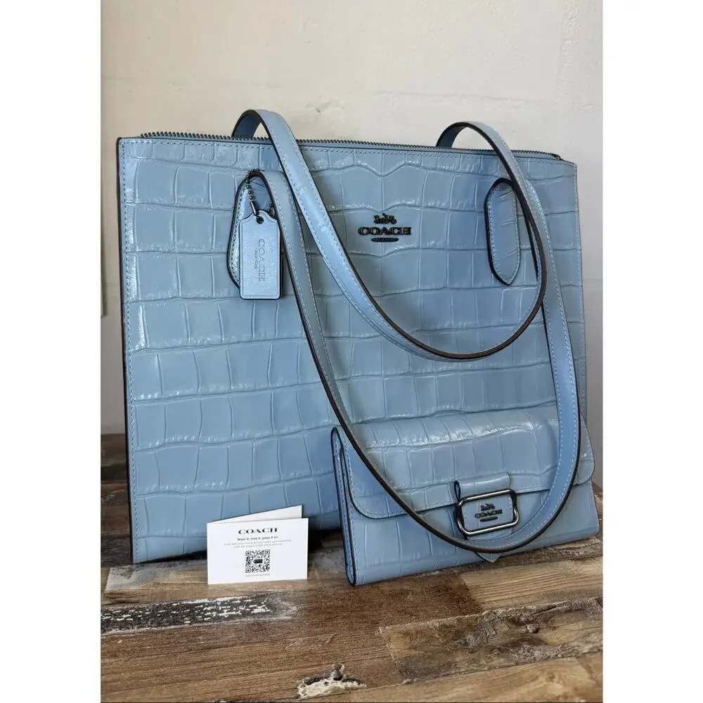 Coach Nina CL654 Blue Croc Embossed Leather Tote Wallet Set